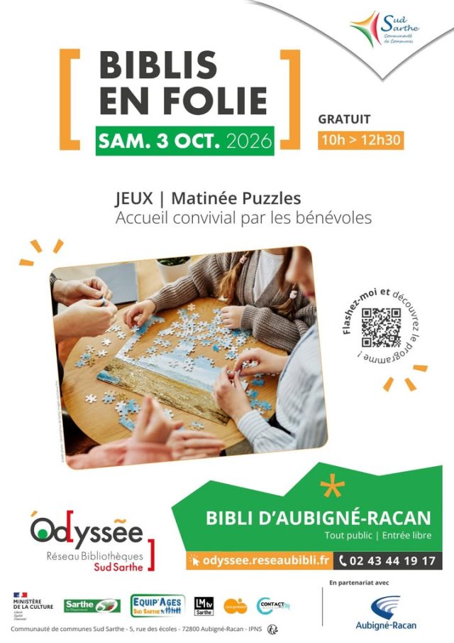 Le samedi 3 octobre 2026, de 10h à 12h30, la bibliothèque d’Aubigné-Racan, dans le cadre du réseau Odyssée, organise une matinée conviviale et gratuite autour des jeux et des puzzles 🧩, ouverte à tous.