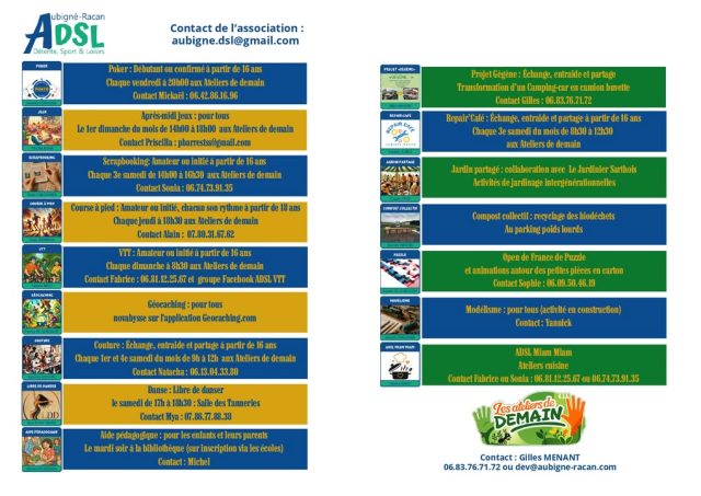 📢Le voici, le voilà! Si vous n'avez pas encore récupéré le flyer de l'ADSL Aubigné-Racan saison 2026-2027, il est ici mais aussi chez tous les commerçants et en mairie! N'hésitez pas à contacter les responsables d'activités ou Gilles Menant. 
Libre De Danser ADSL VTT
Mieux vivre ensemble à Aubigné-Racan