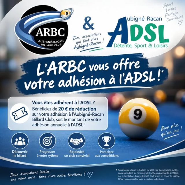 ADSL Aubigné-Racan adresse un GRAND MERCI à Aubigné-Racan Billard Club
Merci pour cette très belle intitiative!