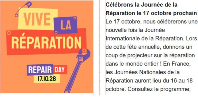 📢Prochain repair-café aux Ateliers de demain : le samedi 17 octobre de 9h à 12h30. Cette édition est organisée dans le cadre de la journée nationale de la réparation ✅
Tous les détails sont ICI https://www.repaircafe.org/fr/celebrons-ensemble-la-journee-de-la-reparation-le-17-octobre-prochain/
Ceas72
Mieux vivre ensemble à Aubigné-Racan 
Merci aux bénévoles engagés
Frédéric Karcz Yves Blanchard @followers Raymond Candela Francois Bayrand Sonia Caravanier  Jade Caravanier Liliane Jousse Yannick Guillaume Emilie Fortanier @olivier beurdouche @patricedegoncourt @valérie matard @annie lebouc @gaudin sébastien